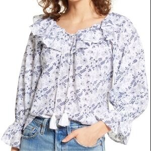 Cleobella Poppy Floral Ruffle Top Killarney Print Organic Cotton Blue Sz Medium